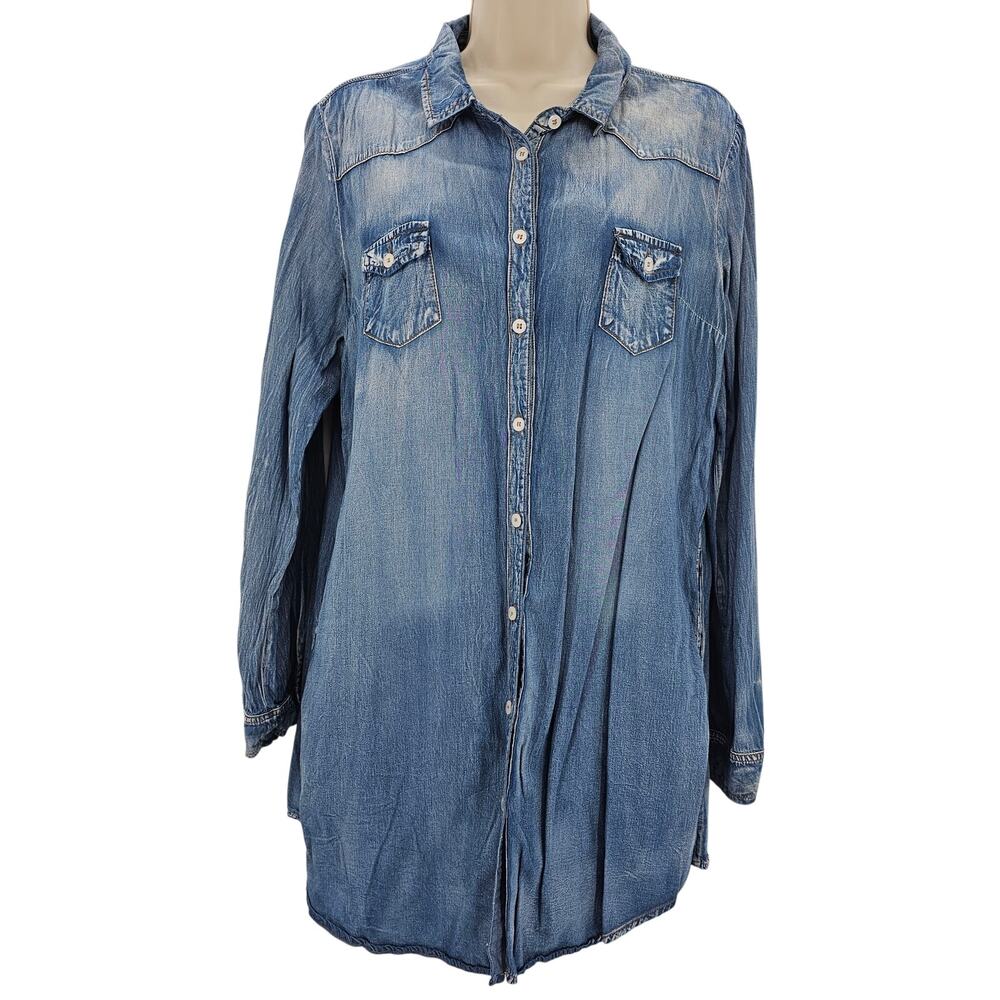Vanilla Bay Womans size L Silk Cotton Chambray Shirt Dress Pockets Faded Blue